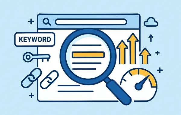 SEO strategy visualization with search rankings and keywords